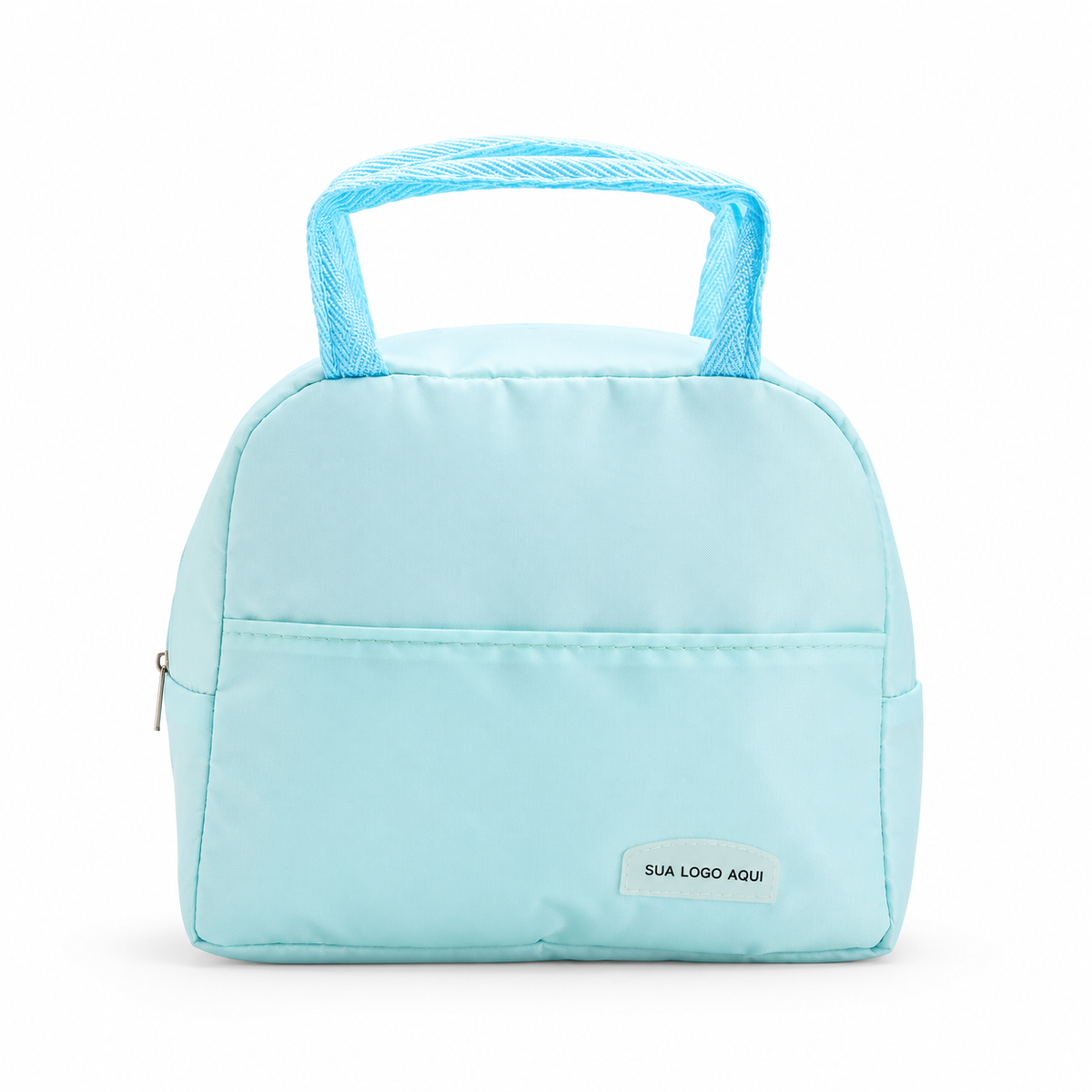 Bolsa térmica 5 litros azul-claro com aplicação ilustrativa Sua logo aqui na plaquinha frontal.