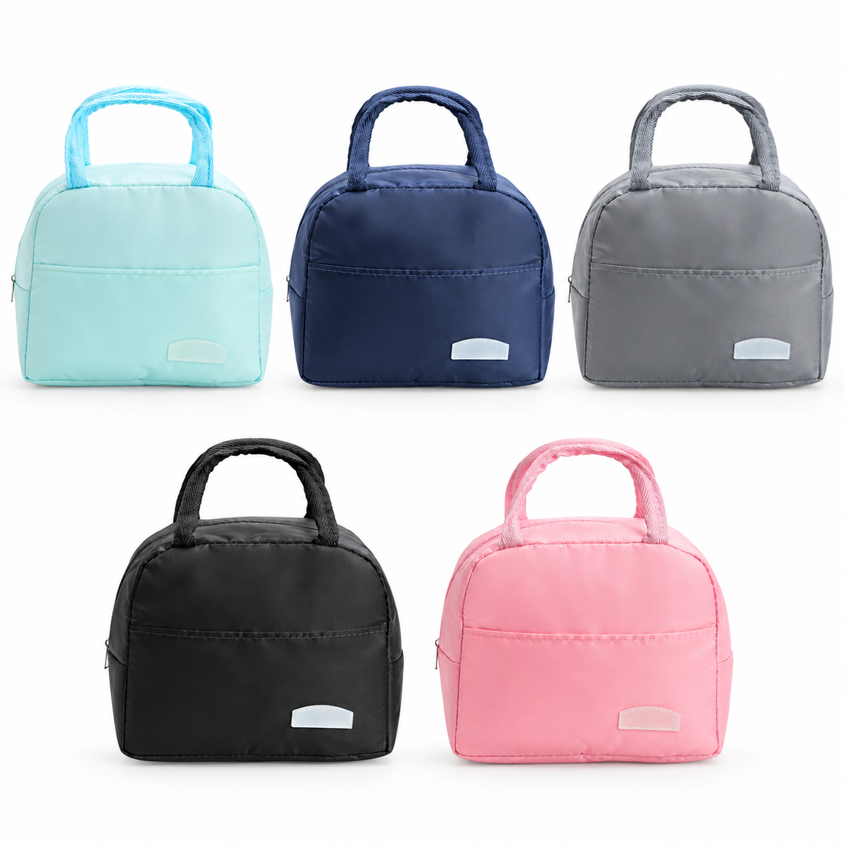 Bolsa térmica 5 litros nas cores azul-claro, azul-escuro, cinza, preto e rosa.
