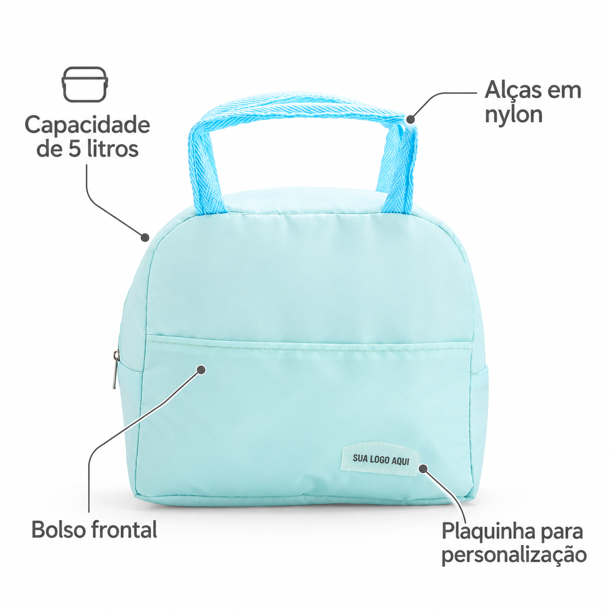 Detalhes da bolsa térmica 5 litros: alças em nylon, bolso frontal e plaquinha para personalização.
