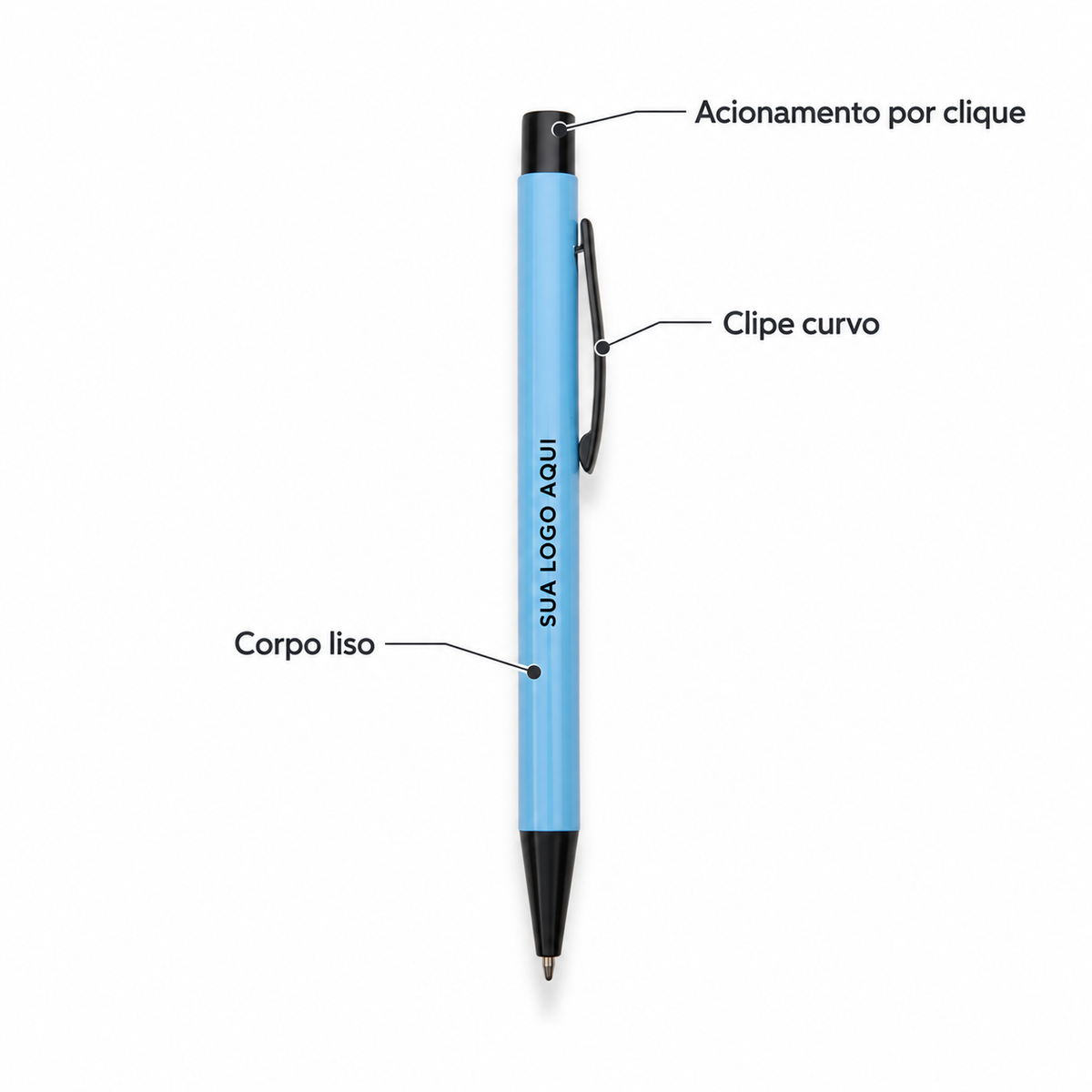 Caneta azul-claro com detalhes do acionamento por clique, clipe curvo e corpo liso.