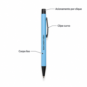 Caneta azul-claro com detalhes do acionamento por clique, clipe curvo e corpo liso.