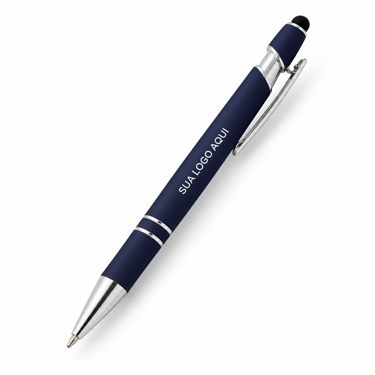 Caneta Metal Touch azul-escura com aplicação ilustrativa Sua logo aqui em branco.