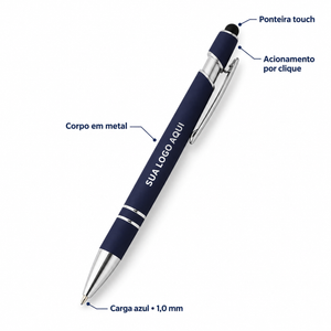 Detalhes da Caneta Metal Touch: corpo em metal, ponteira touch, acionamento por clique e carga azul de 1,0 mm.
