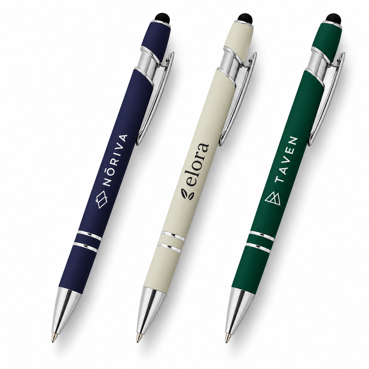 Canetas Metal Touch azul-escura, creme e verde-escura com marcas fictícias de demonstração.