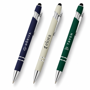 Canetas Metal Touch azul-escura, creme e verde-escura com marcas fictícias de demonstração.