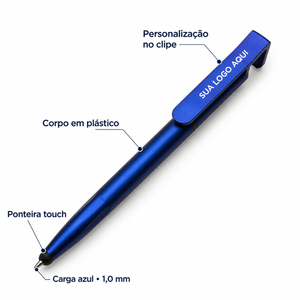 Detalhes da caneta touch: corpo plástico, ponteira touch, carga azul de 1,0 mm e personalização no clipe.