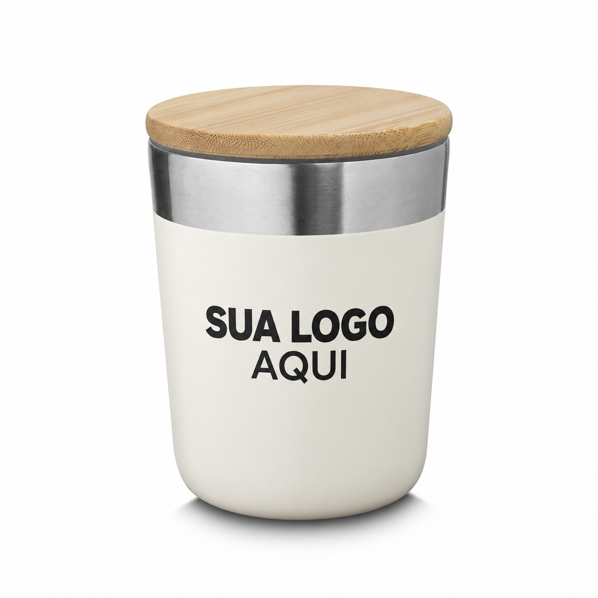 Copo Térmico 300ml bege com aplicação ilustrativa Sua Logo Aqui
