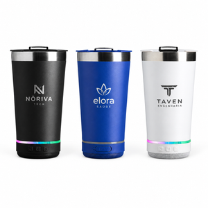 Copo Térmico 400ml com Caixa de Som — exemplos ilustrativos de personalização