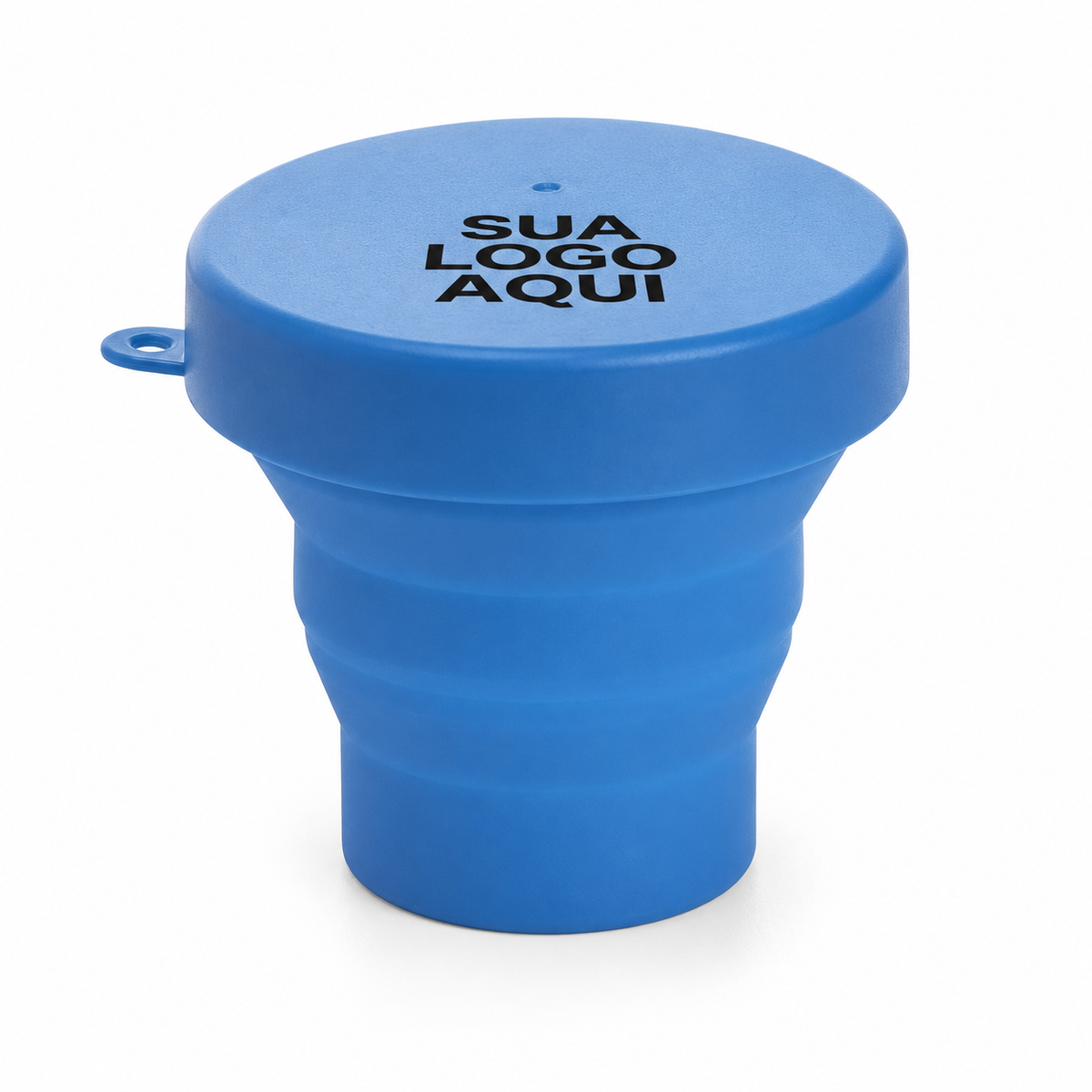 Copo retrátil de silicone 150 ml azul-claro com aplicação ilustrativa Sua logo aqui na tampa.