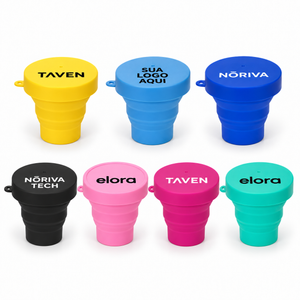 Copo retrátil de silicone 150 ml em sete cores com exemplos ilustrativos de personalização.