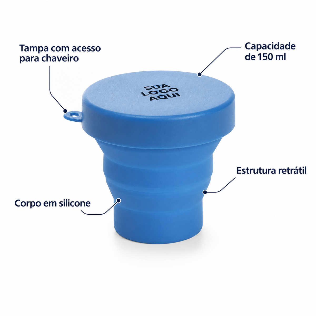 Copo retrátil de silicone 150 ml com destaque para corpo retrátil e tampa com acesso para chaveiro.