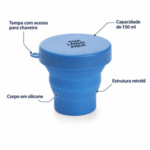 Copo retrátil de silicone 150 ml com destaque para corpo retrátil e tampa com acesso para chaveiro.