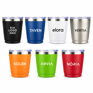 Copo térmico 200 ml nas sete cores disponíveis com aplicações ilustrativas.