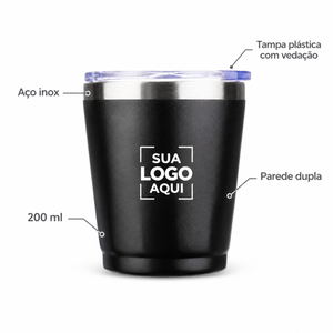 Detalhes do copo térmico 200 ml em aço inox com tampa plástica.