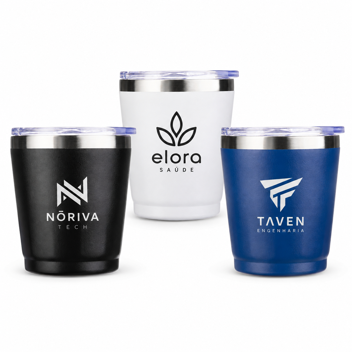 Três copos térmicos 200 ml com marcas fictícias de demonstração.