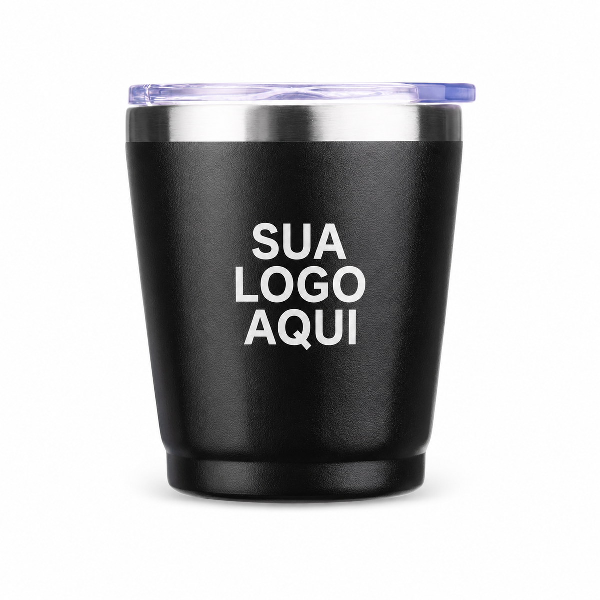 Copo térmico 200 ml preto com aplicação ilustrativa Sua logo aqui.