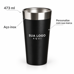Detalhes do copo térmico de inox de 473 ml e da aplicação ilustrativa de logotipo.