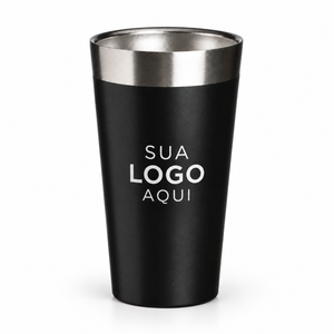 Copo térmico de 473 ml preto com a aplicação ilustrativa Sua logo aqui.