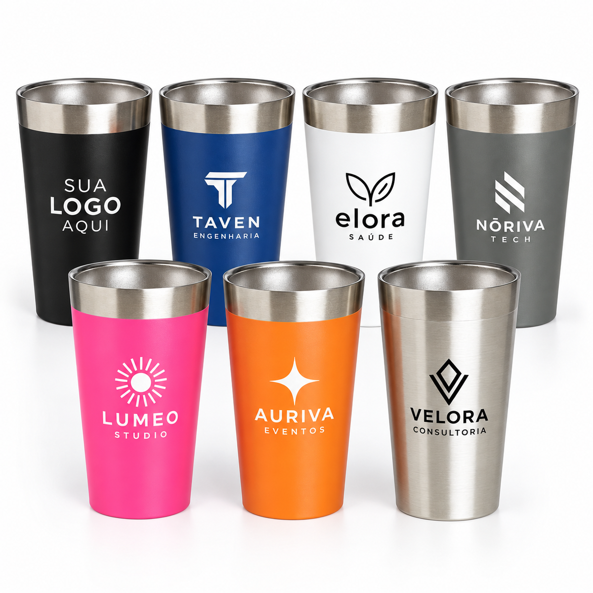 Copo térmico de 473 ml nas sete cores disponíveis, com aplicações ilustrativas de logotipo.