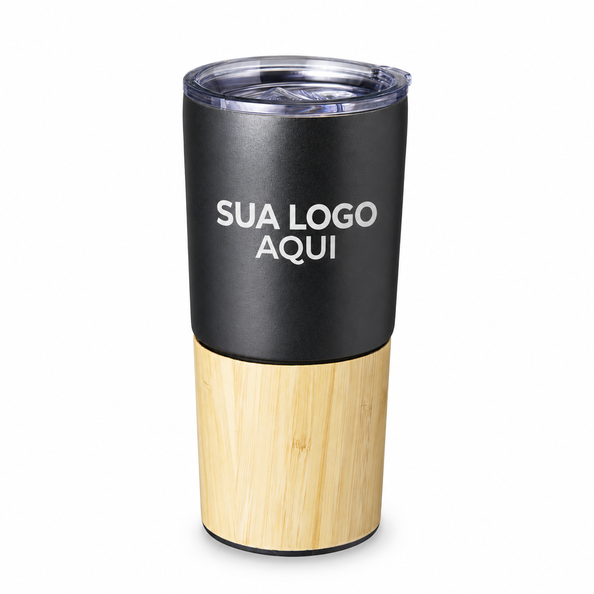 Copo Térmico Bambu 600ml preto com aplicação ilustrativa