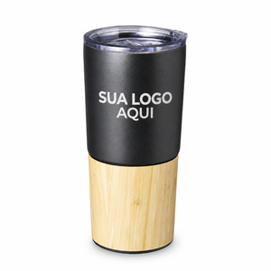 Copo Térmico Bambu 600ml preto com aplicação ilustrativa