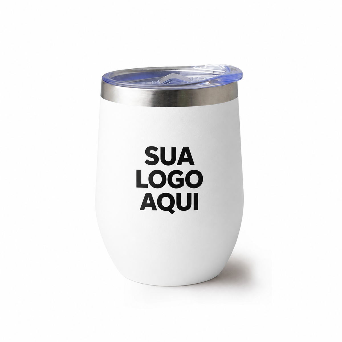 Copo térmico inox 320 ml branco com aplicação ilustrativa Sua Logo Aqui