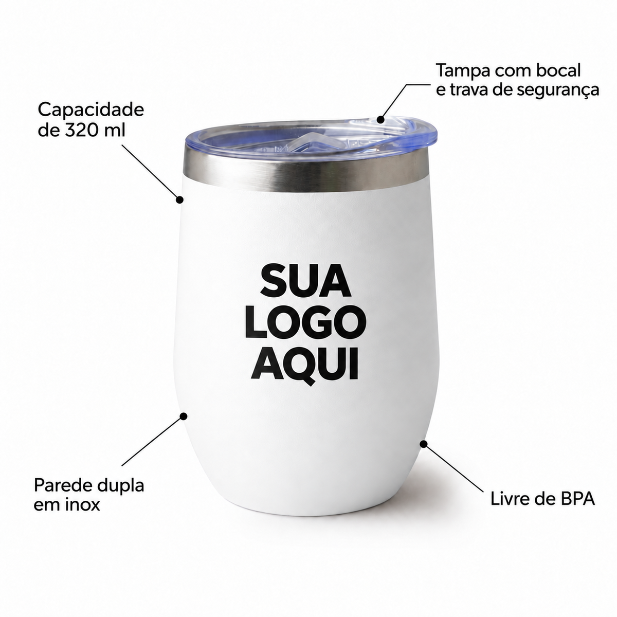 Copo térmico inox 320 ml branco com detalhes de capacidade, parede dupla, tampa com bocal e trava de segurança e livre de BPA