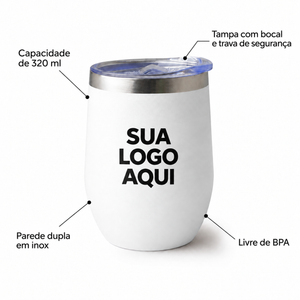 Copo térmico inox 320 ml branco com detalhes de capacidade, parede dupla, tampa com bocal e trava de segurança e livre de BPA