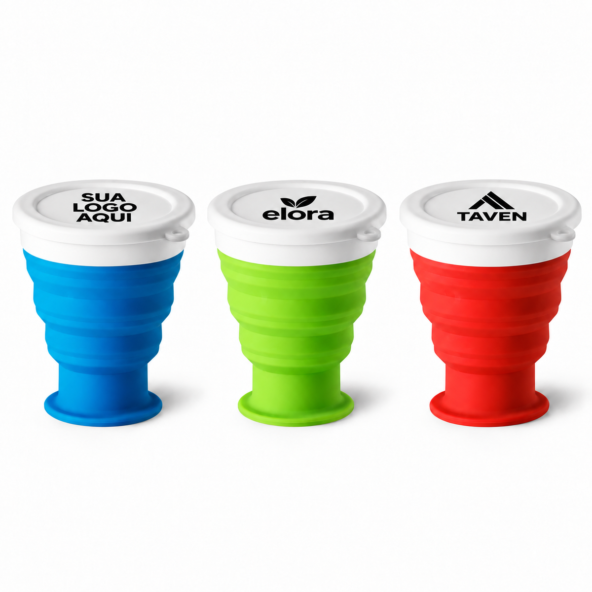 Copos de viagem dobráveis de silicone 400 ml nas cores azul, verde e vermelho com aplicações ilustrativas pretas nas tampas.