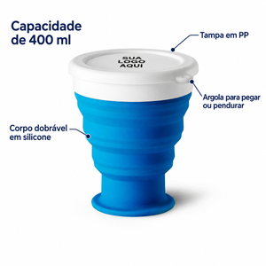 Características do copo de viagem: capacidade de 400 ml, silicone dobrável, tampa em PP e argola para pegar ou pendurar.