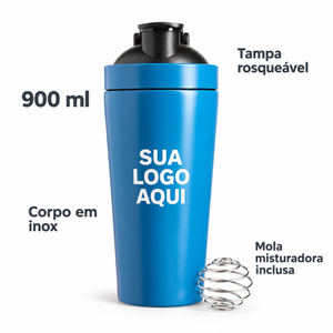 Coqueteleira azul de 900 ml com tampa rosqueável e mola misturadora inclusa.