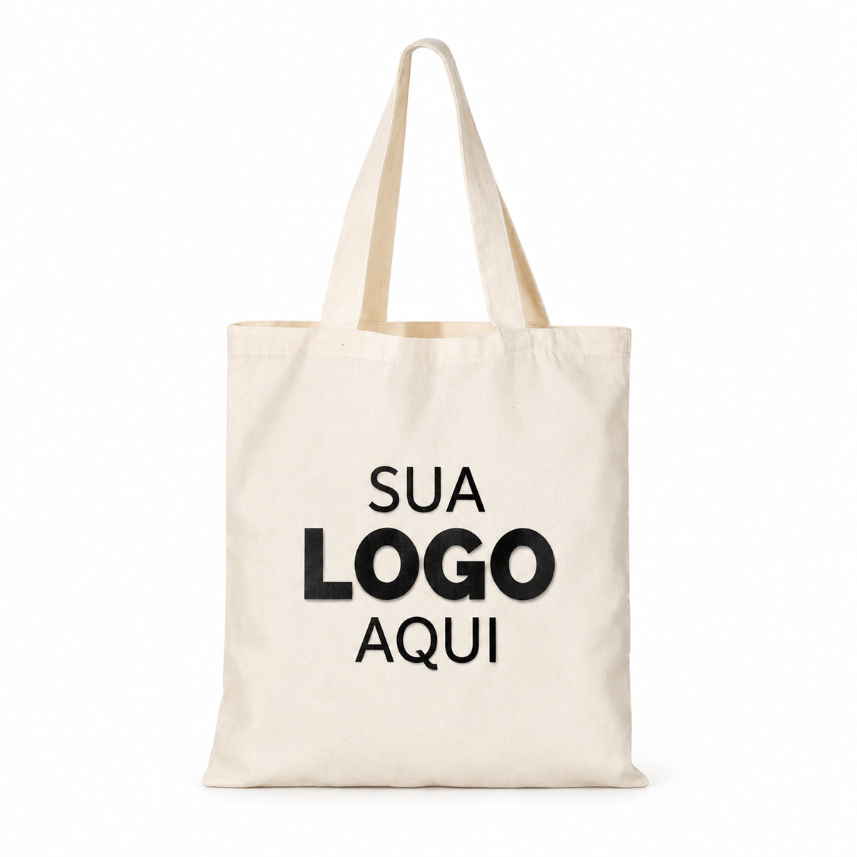 Ecobag de algodão natural com aplicação ilustrativa Sua logo aqui em preto.