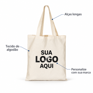 Detalhes da ecobag: alças longas, tecido de algodão e exemplo de personalização.