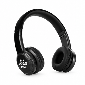 Fone Bluetooth preto com aplicação ilustrativa Sua logo aqui na lateral.