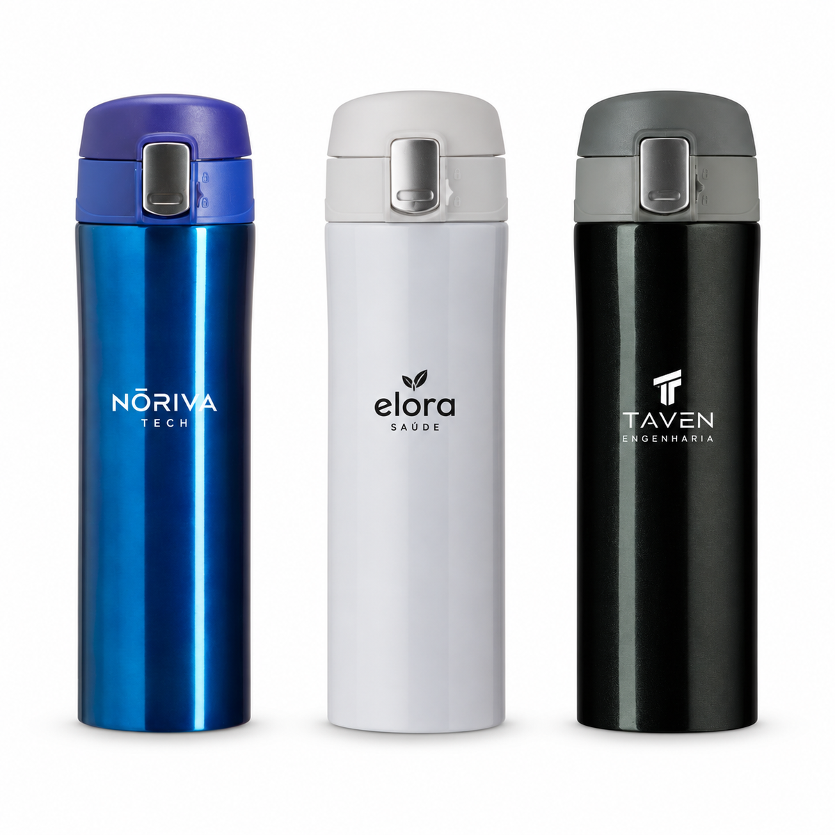 Garrafa térmica 450ml SKU 02087: exemplos ilustrativos de personalização.