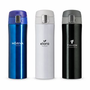 Garrafa térmica 450ml SKU 02087: exemplos ilustrativos de personalização.
