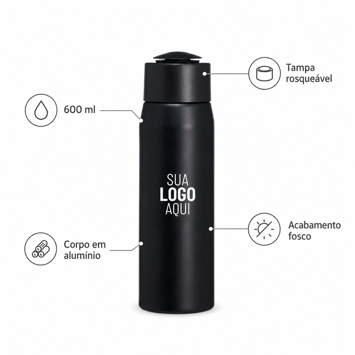 Detalhes da garrafa de alumínio 600 ml: corpo em alumínio, acabamento fosco e tampa rosqueável.