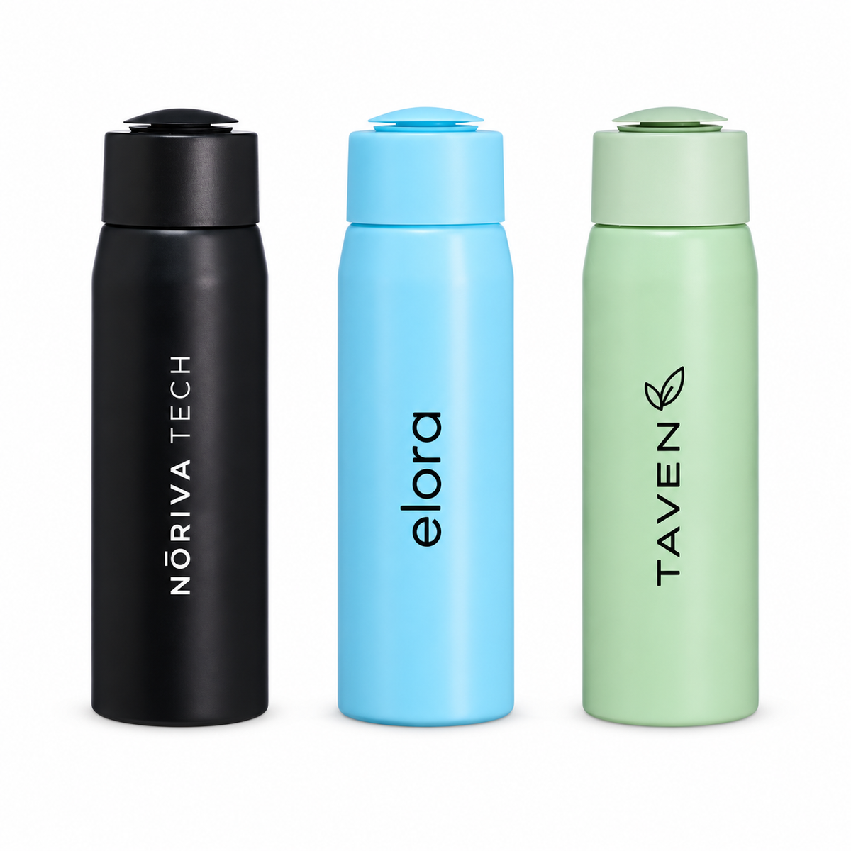 Três garrafas de alumínio 600 ml em preto, azul e verde com marcas fictícias ilustrativas.