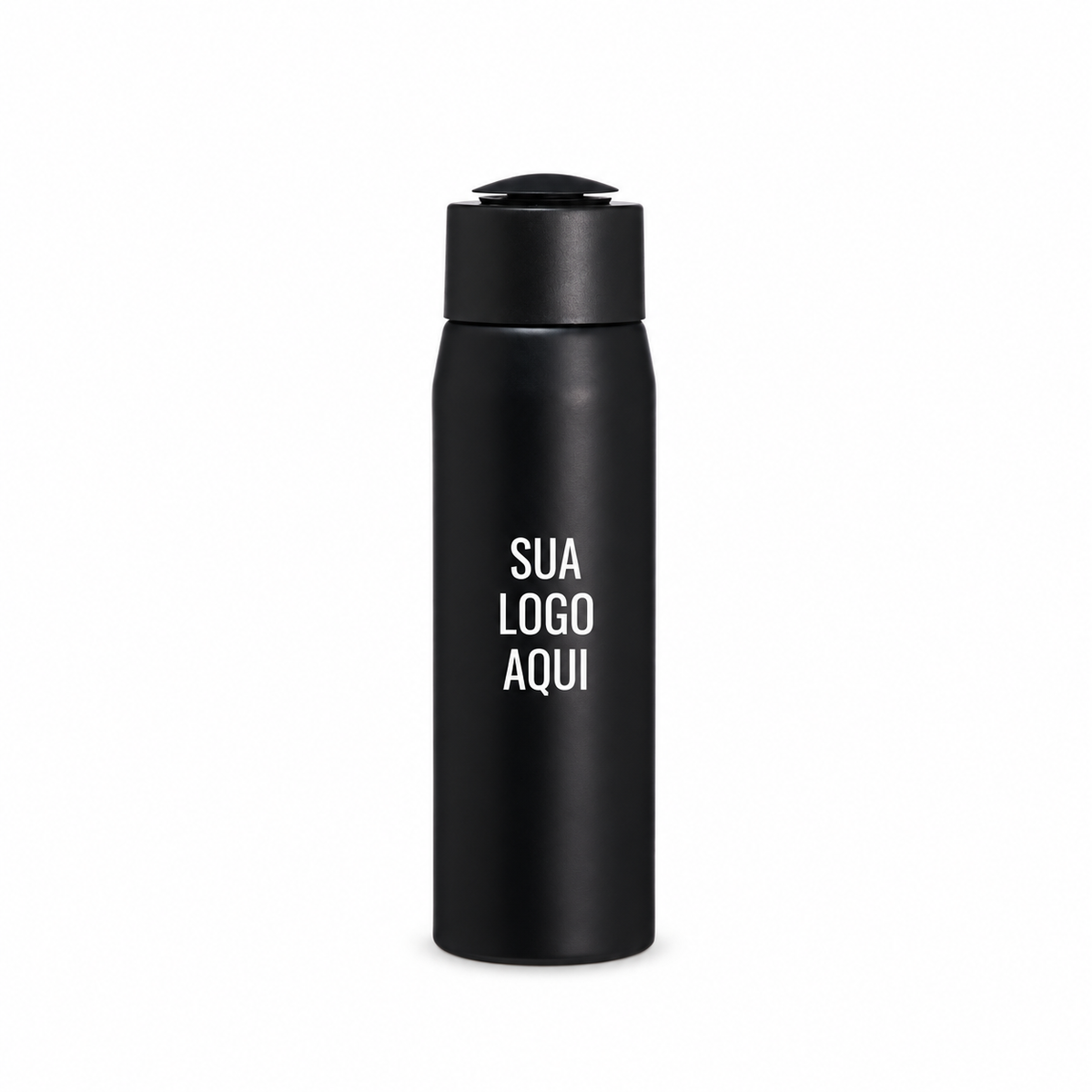 Garrafa de alumínio 600 ml preta com aplicação ilustrativa Sua logo aqui na frente.