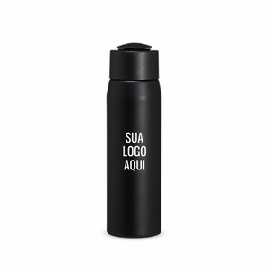 Garrafa de alumínio 600 ml preta com aplicação ilustrativa Sua logo aqui na frente.