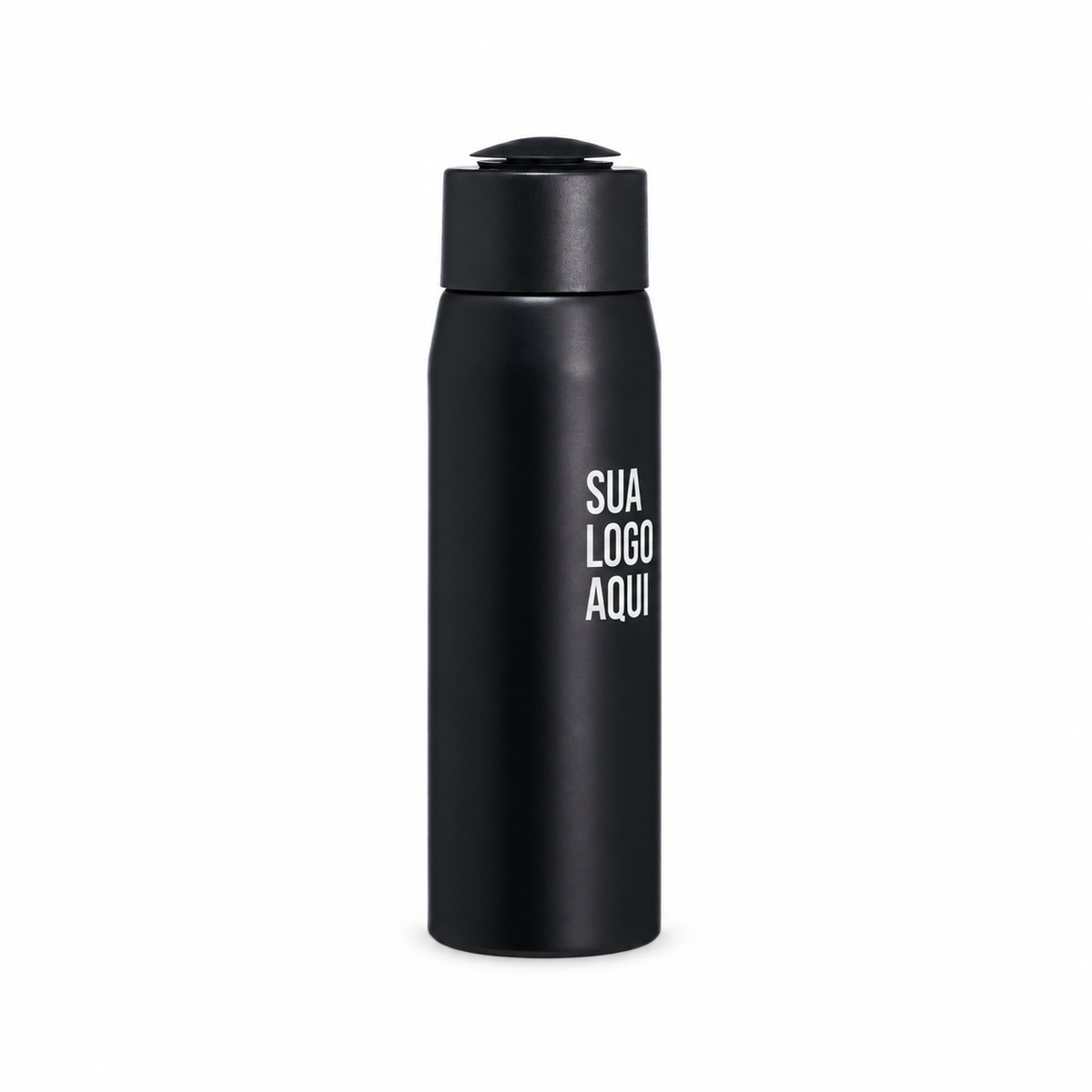 Garrafa de alumínio 600 ml preta com aplicação ilustrativa Sua logo aqui na lateral.