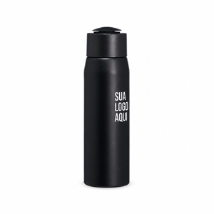 Garrafa de alumínio 600 ml preta com aplicação ilustrativa Sua logo aqui na lateral.