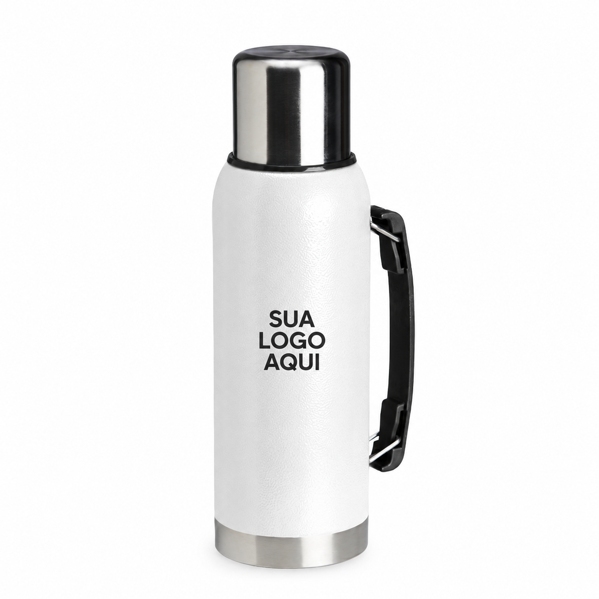 Garrafa térmica 1L branca com aplicação ilustrativa SUA LOGO AQUI na frente.