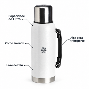 Garrafa térmica 1L em inox, livre de BPA, com alça para transporte.