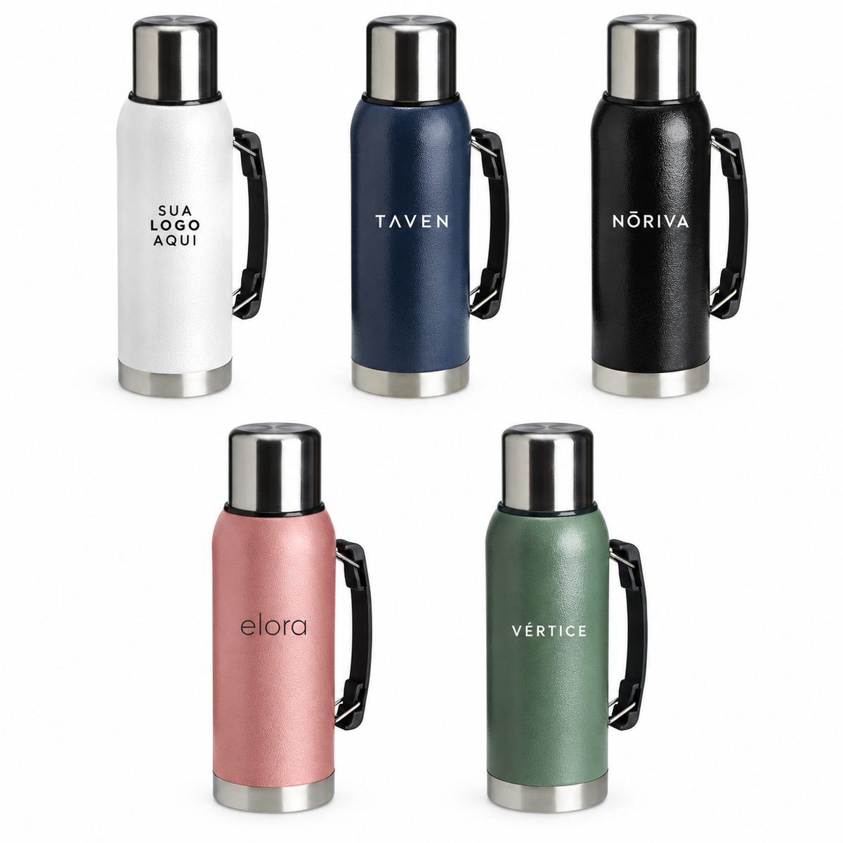 Garrafa térmica 1L nas cinco cores: branco, azul, preto, bronze e verde, com aplicações ilustrativas.