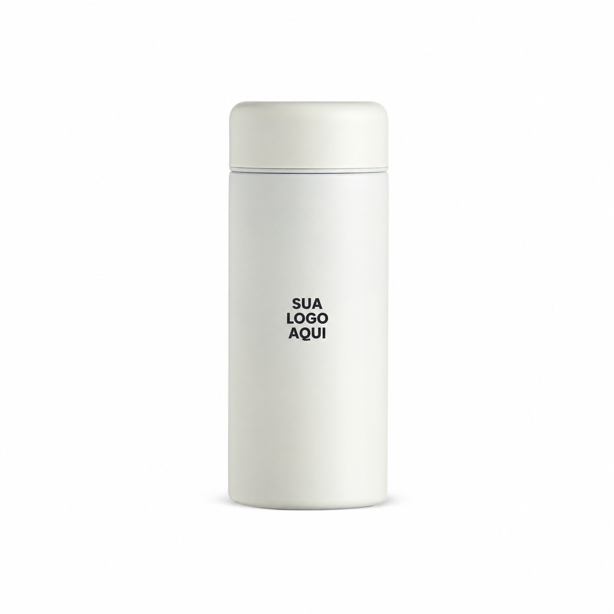 Garrafa térmica 200ml branca com aplicação ilustrativa SUA LOGO AQUI frontal.