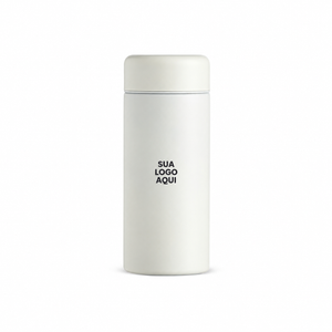 Garrafa térmica 200ml branca com aplicação ilustrativa SUA LOGO AQUI frontal.