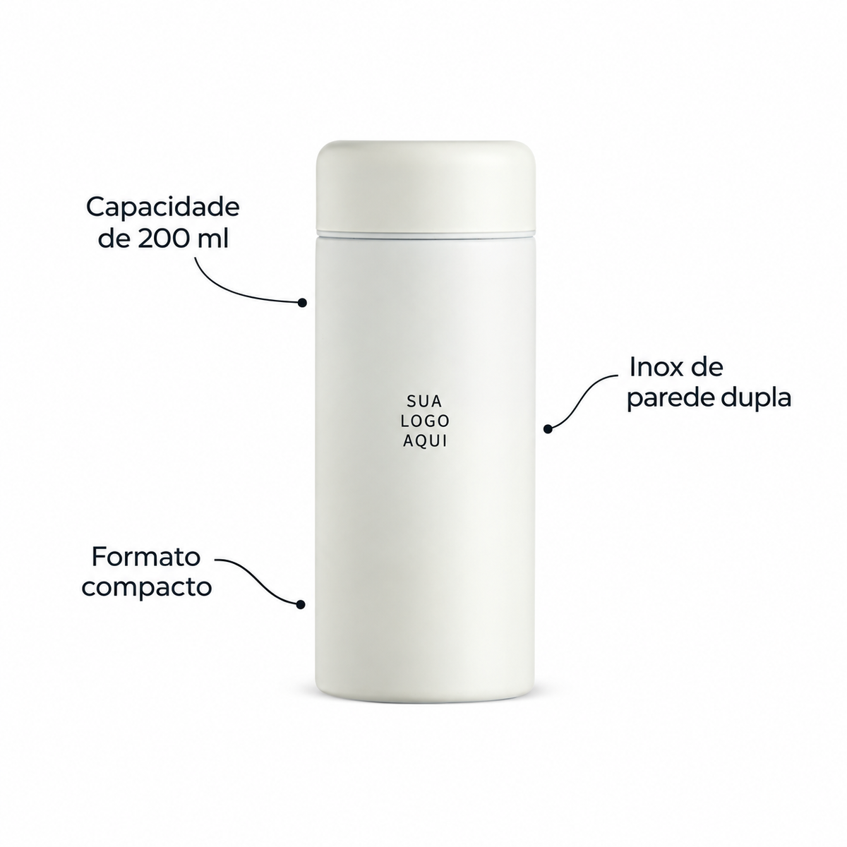 Garrafa térmica 200ml em inox de parede dupla e formato compacto.