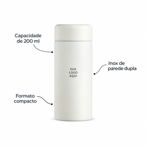 Garrafa térmica 200ml em inox de parede dupla e formato compacto.