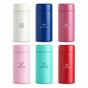 Garrafa térmica 200ml nas seis cores disponíveis com aplicações ilustrativas.